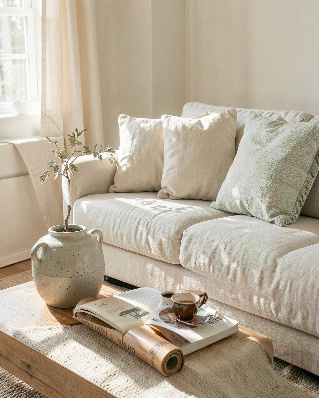 Sunlit living room with linen sofa, tea, and a rolled yoga mat